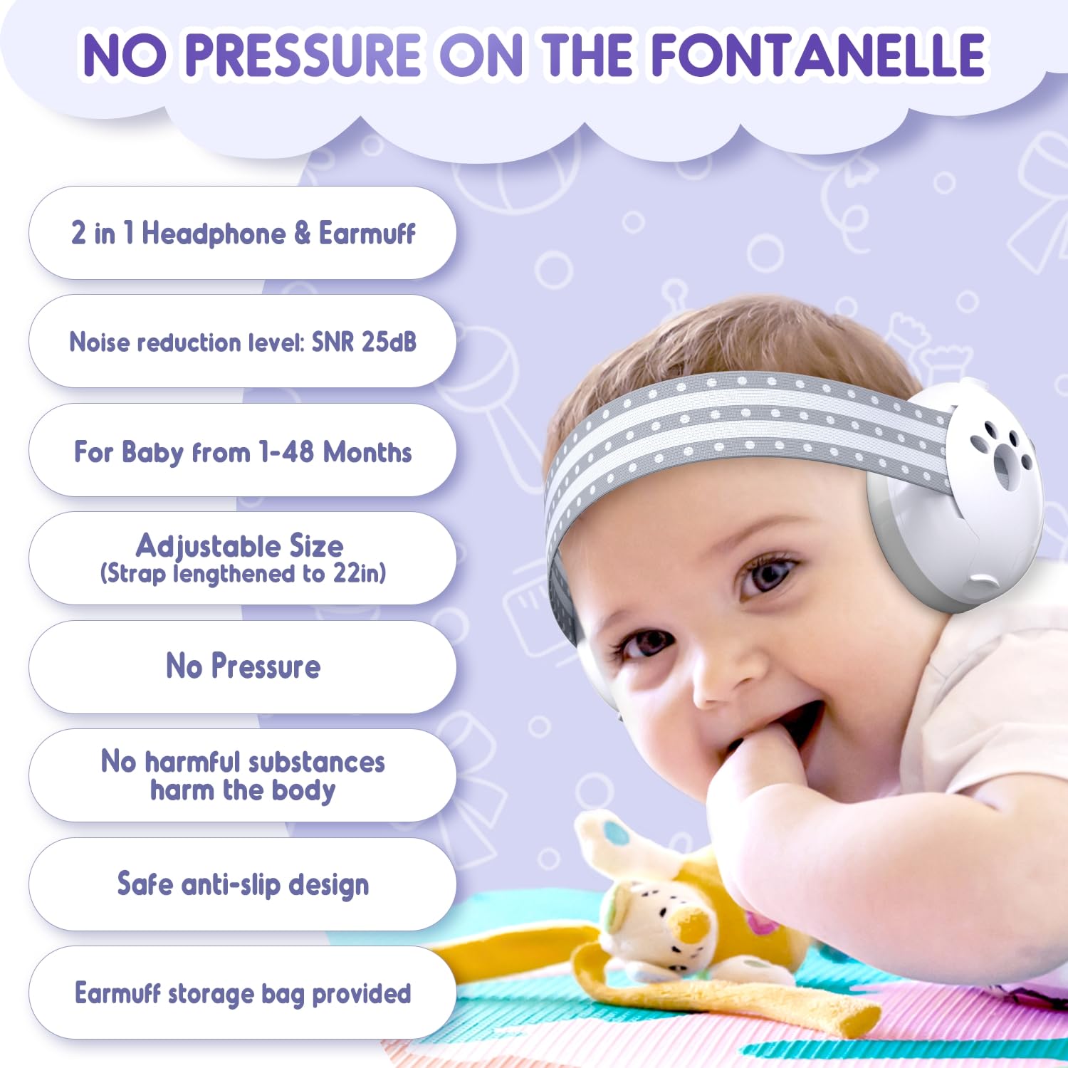 Casque Bébé Anti-Bruit 2 en 1, Bébés et Tout-Petits jusqu'à 60 Mois, Certifié CE, Confortable et Réglable, Blanc