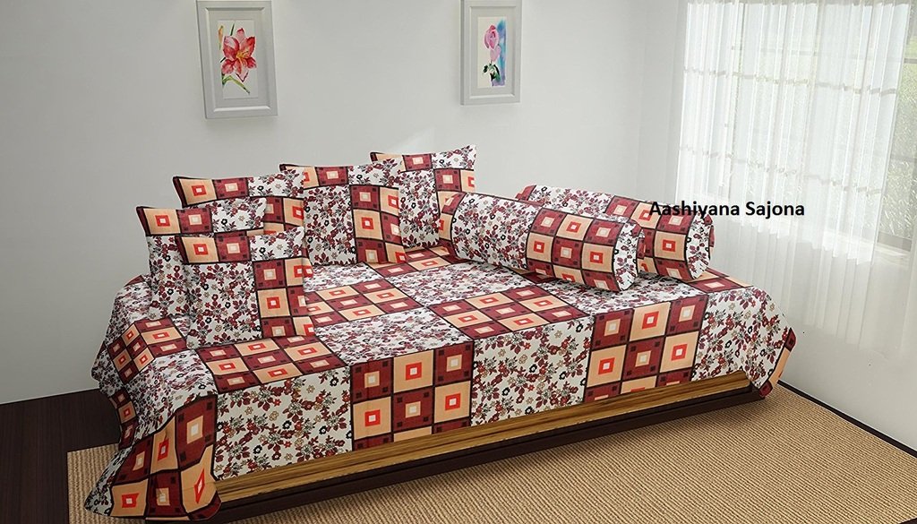 Multicolour 100% Cotton 8-Piece Diwan Set - 90 '' x 60 '', Multicolour (1 Diwan Bedsheet + 5 Cushion Covers + 2 Bolster Covers, Multicolour)-image-49