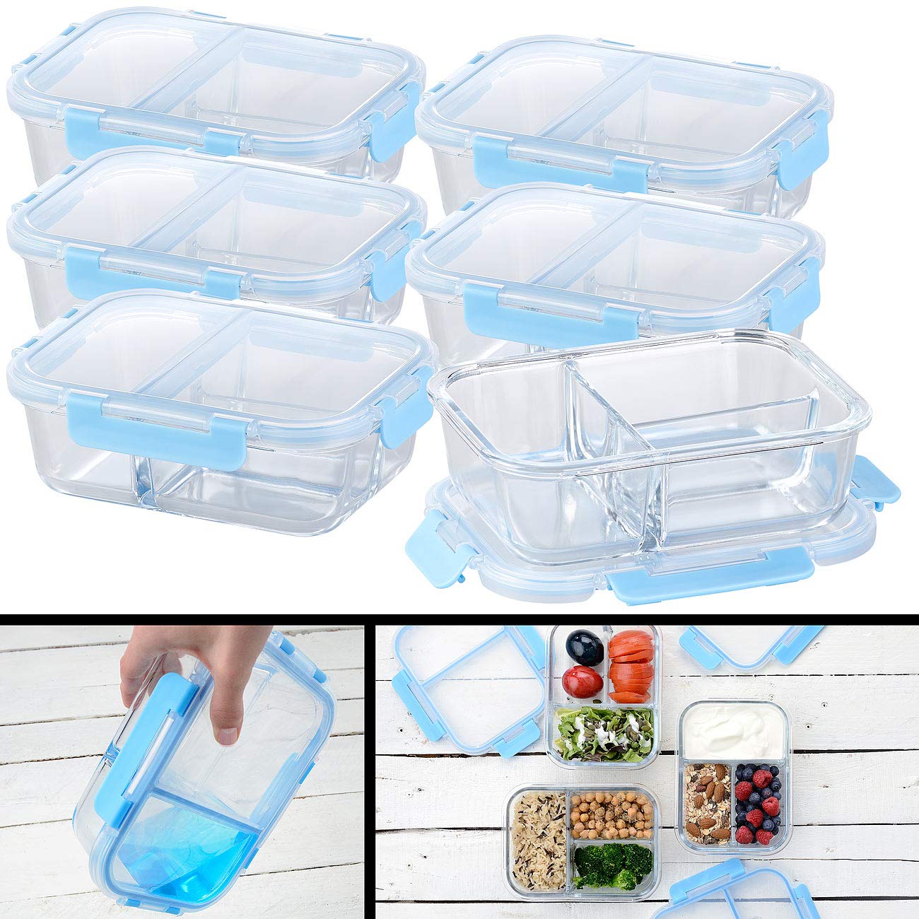 Rosenstein & Söhne Microwellen Geschirr: 6er-Set Glas-Frischhaltedosen mit Klick-Deckeln & 3 Kammern, 1 l (Glasschüssel mit Deckel Mikrowelle, Glasschüsseln mit Deckel-Set, Mikrowellenteller)