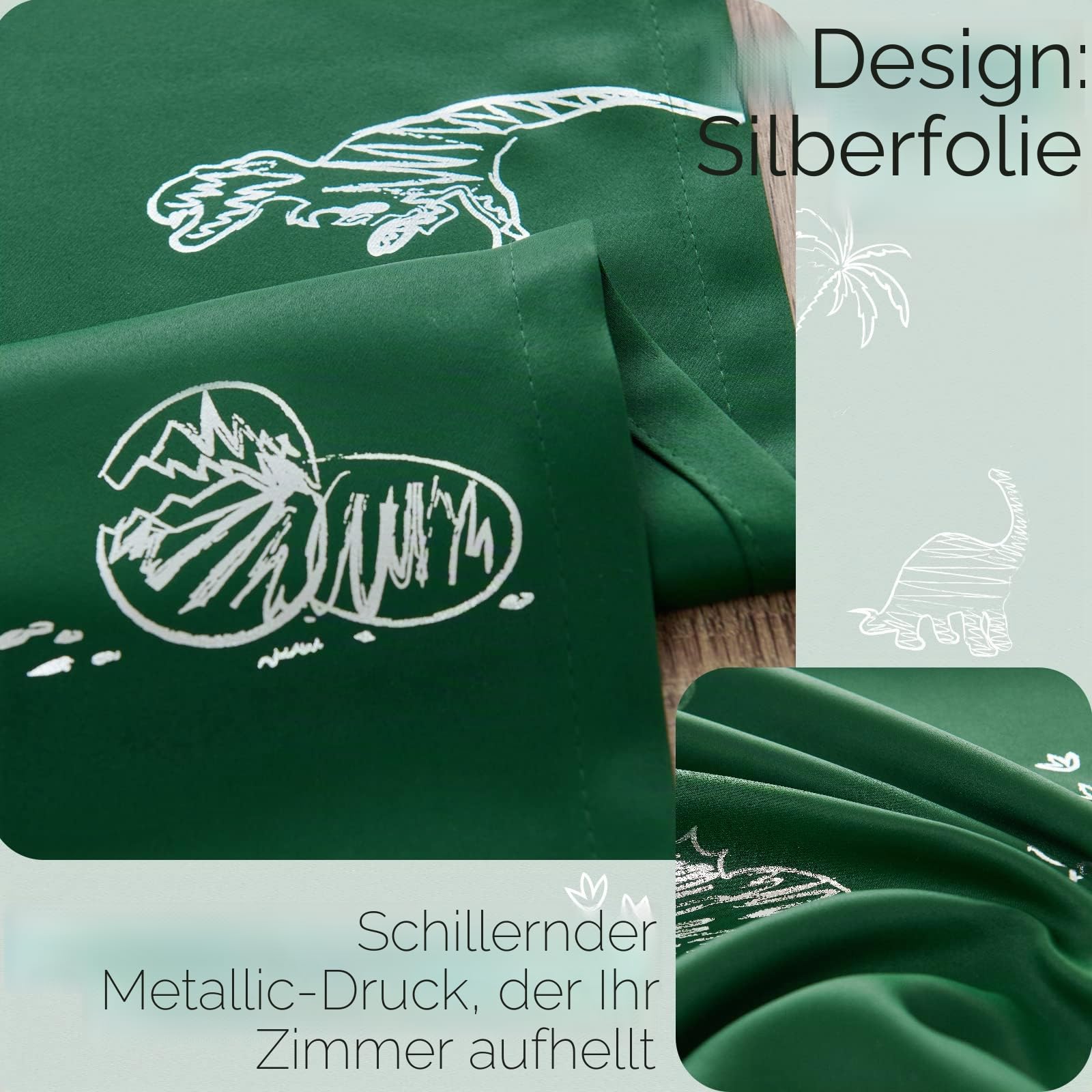 Vangao Kinder-Vorhänge, grün, verdunkelnd, Dinosaurier-Vorhänge für Jungen, Kinderzimmer, Mädchenzimmer, silberfarbener Dino-Foliendruck, wärmeisoliert, Ösen, Fensterbehandlungen, 160 cm Länge, 2