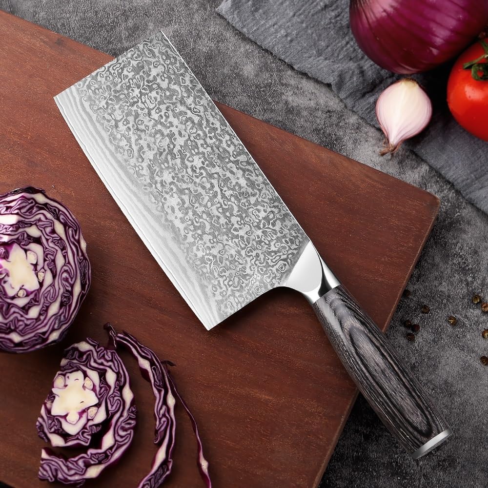 Meat Cleaver,Cleaver Knife 7 Inch Chinese Cleaver Knife Damascus Butcher Knives Kitchen Chef Knife Vegetable Meat Cleaver Knife Cooking Knives Wooden Handle