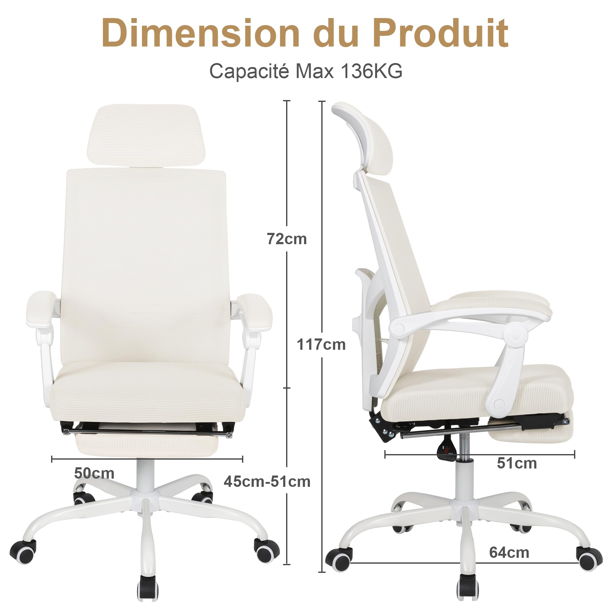 UEV Chaise Bureau Ergonomique, en Maille Respirant, Capacité 136kg, Beige