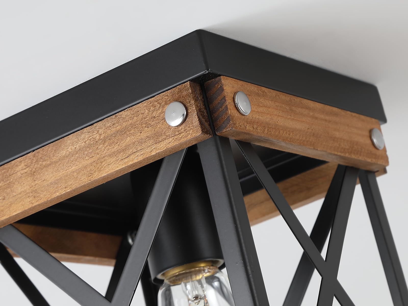 Paquete de 2 lámparas de techo rústicas de madera de granja empotradas, madera de roble y jaula cuadrada de metal, pequeña lámpara de techo semiempotrada para cocina, pasillo, entrada, dormitorio
