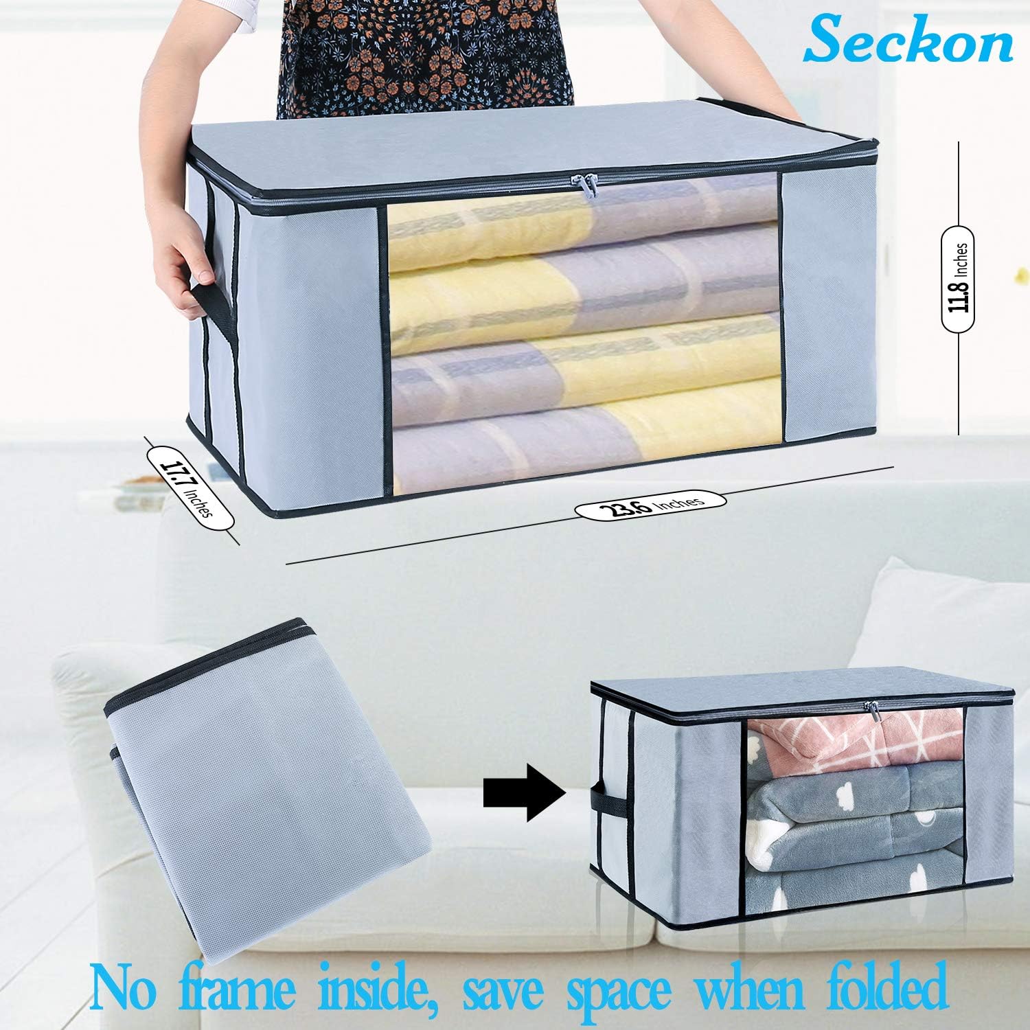 Seckon Large Capacity Clothes Storage Bag Containers [2 Pack] 81.5L Closet Storage Organizer with Clear Windows and Reinforced Handles, 23.65x 17.75x 11.85 inches