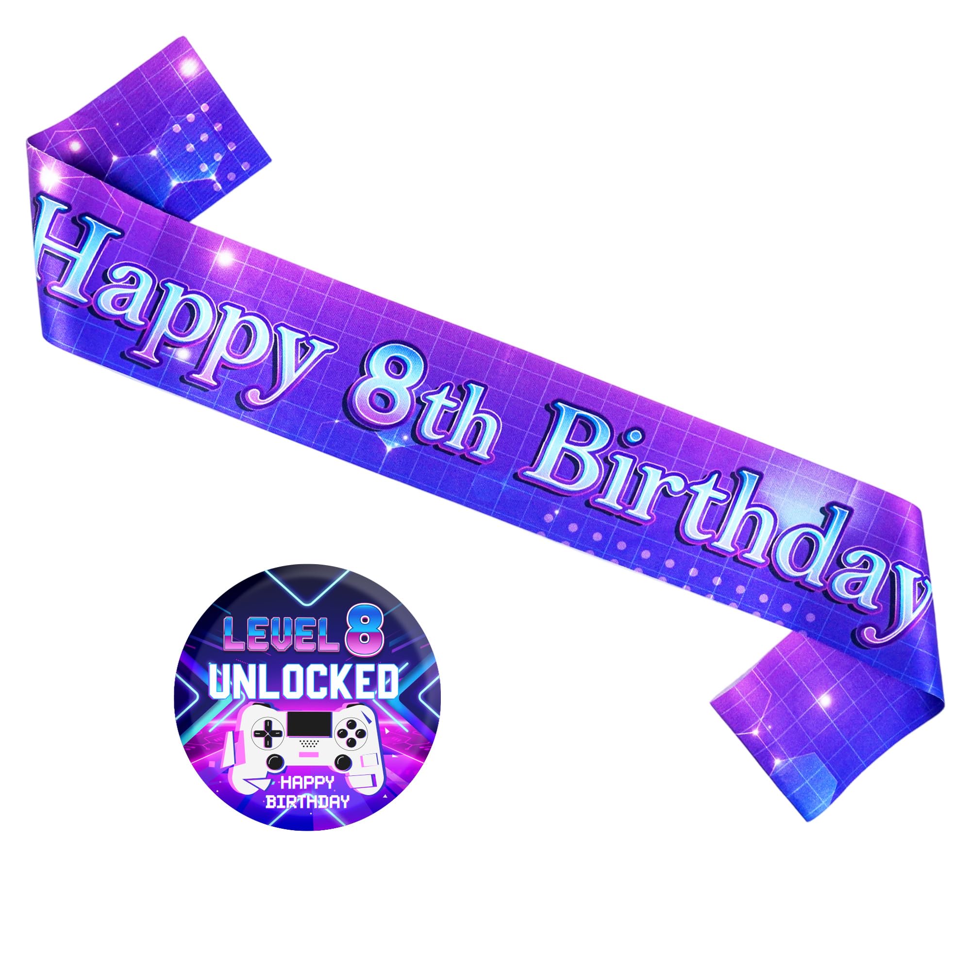 Happy 8th Birthday Sash Badge Set, Neon Purple Gaming Level 8 Unlocked