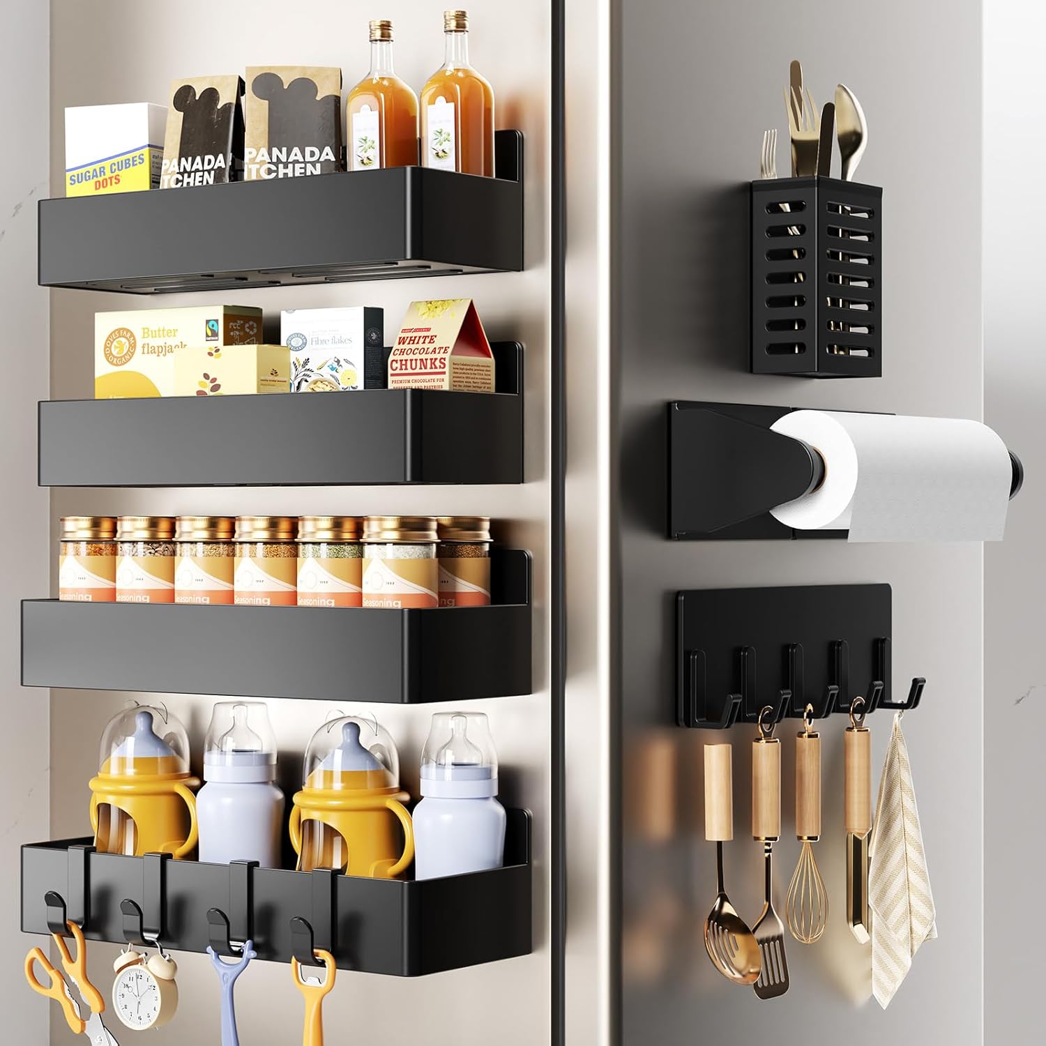 Magnetic Spice Rack for Refrigerator,7 Pack Magnetic Shelf,Fridge Magnet Organizer with Paper Towel Holder,Utensils Racks,Hook Rack,Fridge Organizers and Storage Black(7 Pack)