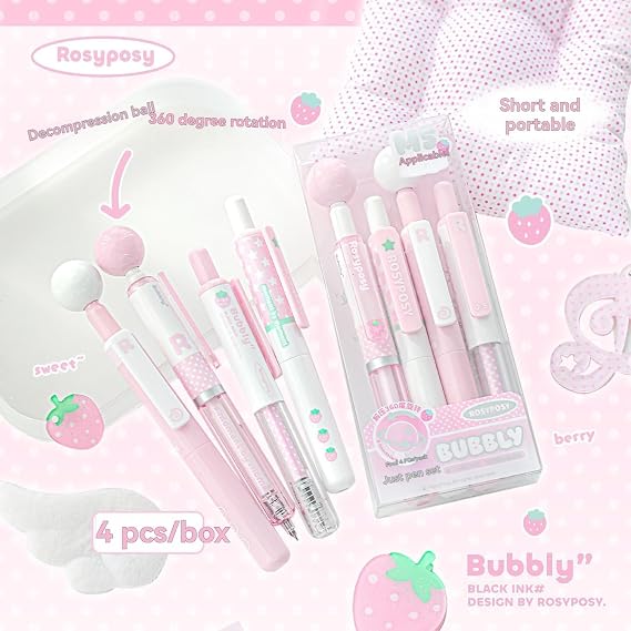 Rosy Posy Pencil Case, 4 Pcs Retractable Cute Ball Pens, Sweet Lovely Pencil Case for Kids Girl Simplicity Solid Color Kawaii Pencil Bag High Capacity Stationery Storage Bag Student (Blue + 4pcs Pens)