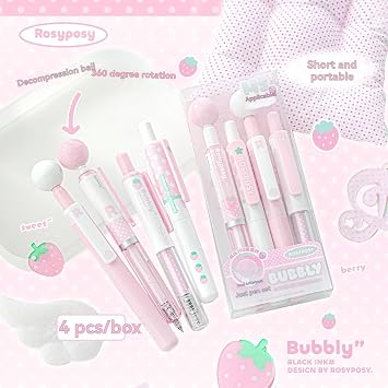 Rosy Posy Pencil Case, 4 Pcs Retractable Cute Ball Pens, Sweet Lovely Pencil Case for Kids Girl Simplicity Solid Color Kawaii Pencil Bag High Capacity Stationery Storage Bag Student (Blue + 4pcs Pens)