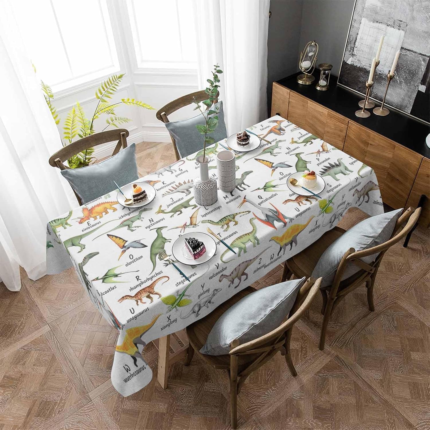 Dinosaur Rectangle Tablecloth, Funny Dino Cute Cartoon Boys Girls Children Waterproof & StainResistant Tablecloth, Washable Oil-proof Table Cover for Dining/Party/Wedding/Camping/Buffet 60x84 In