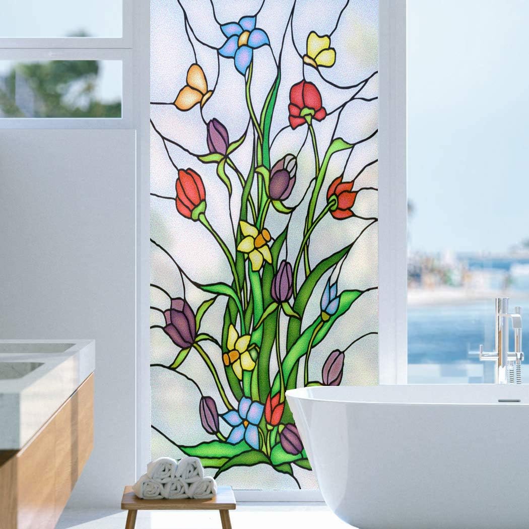 Window Film Privacy Colourful Flower Window Clings Non Adhesive Glass Windows Door Window Covering Decortive Window Tint for Home 27"x39.3"(69x100cm)