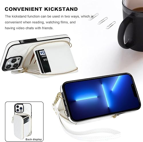 Miniatura 5 de Bocasal Funda tipo cartera cruzada para iPhone 13 Pro Max, con bloqueo RFID, de piel sintética, con cremallera, funda con función atril y ranuras