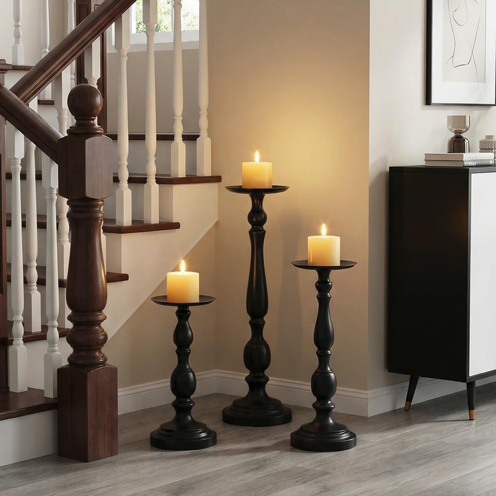 Sziqiqi Hohe Kerzenständer Kerzenhalter für Stumpenkerzen - Schwarz Kerzenleuchter Satz von 3 Großen Kerzenhalter für Boden und Tisch Moderne Mittelstücke für Halloween Weihnachten Hochzeit Dekor