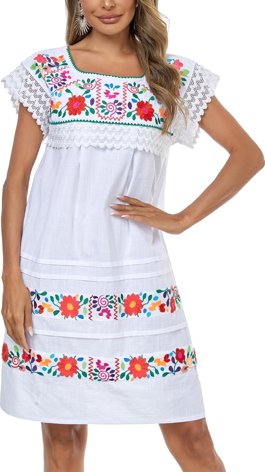 YZXDORWJ Women Embroidered Mexican Peasent Lace Short Sleeves Dress