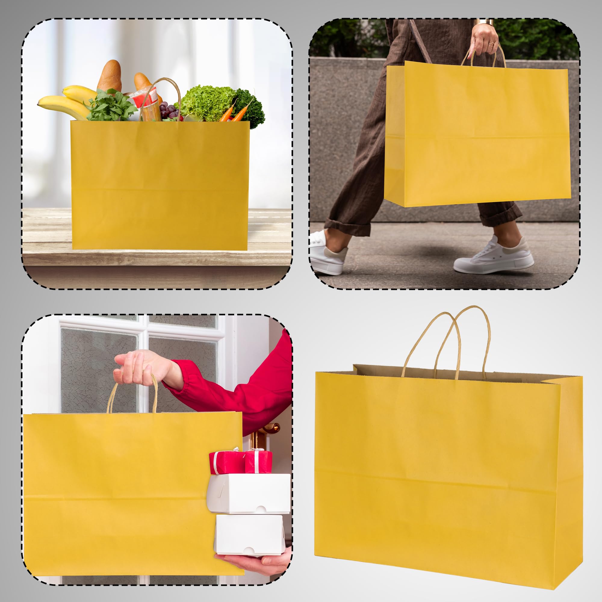 BLEWINDZ 70 bolsas de regalo grandes de 16 x 6 x 12 pulgadas, bolsas de papel kraft con asas a granel, bolsas de compras amarillas para mercancía de comestibles
