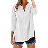 yxlaml Linen Blouses for Women 3/4 Sleeve Shirt Gauze Button Down Shirts 2026 Casual Oversize Tunic with Side Slits