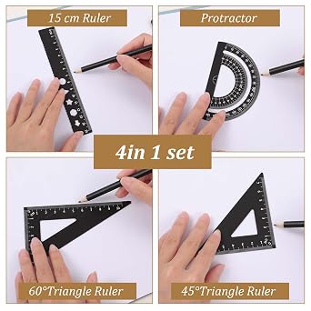 4 Pcs Metal Geometry Set Aluminum Alloy Ruler Math Drafting Rulers Kit- Aluminum Triangle Rulers Geometric Protractor Triangular Ruler Set for School Student Teacher Architects Engineers