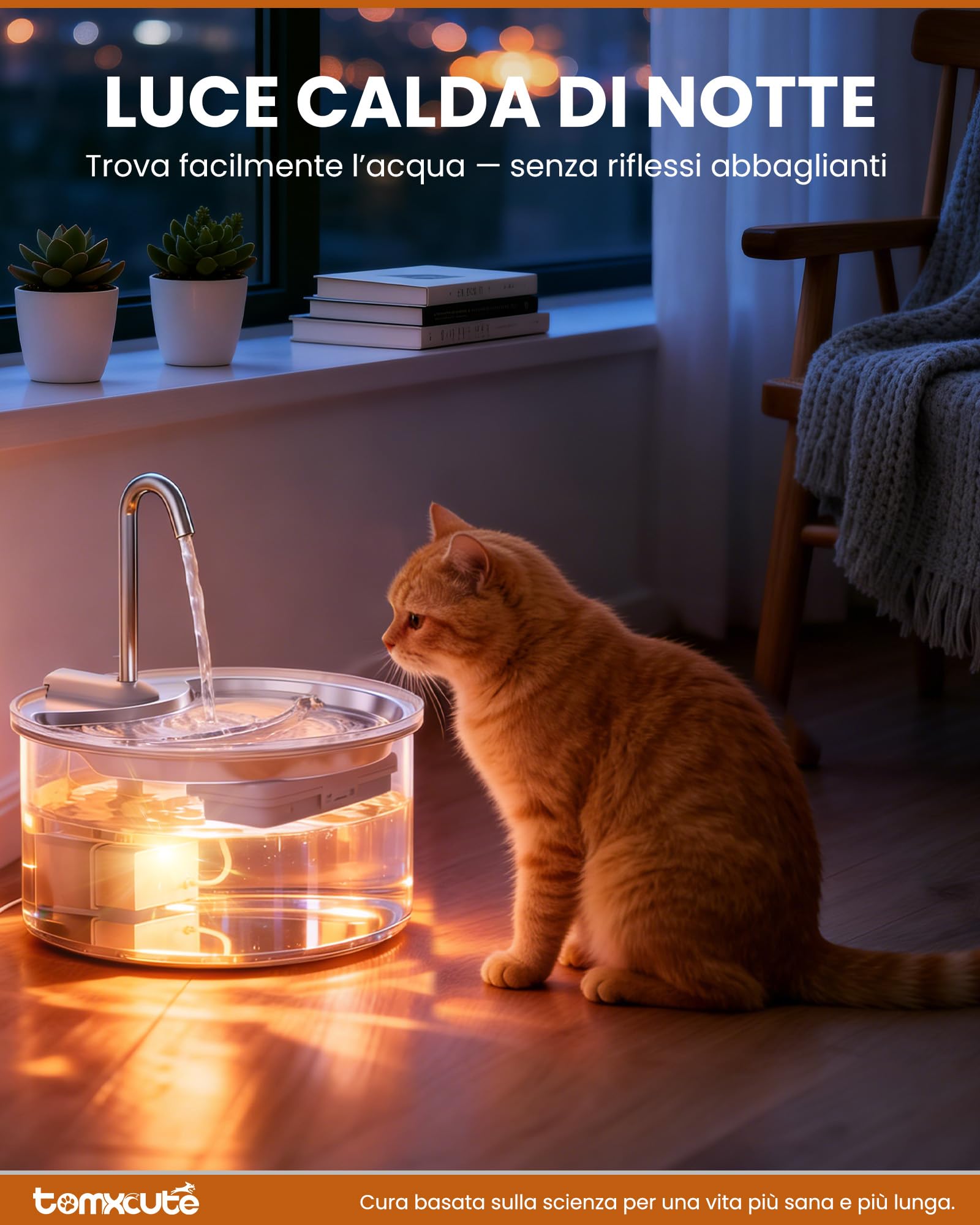 Tomxcute Fontanna dla kota szklana 2,5 l – cicha, dla 1-2 kotów, wzór stopniowy, ciepłe światło, szkło borokrzemowe, higieniczna, przeciw trądzikowi kotów