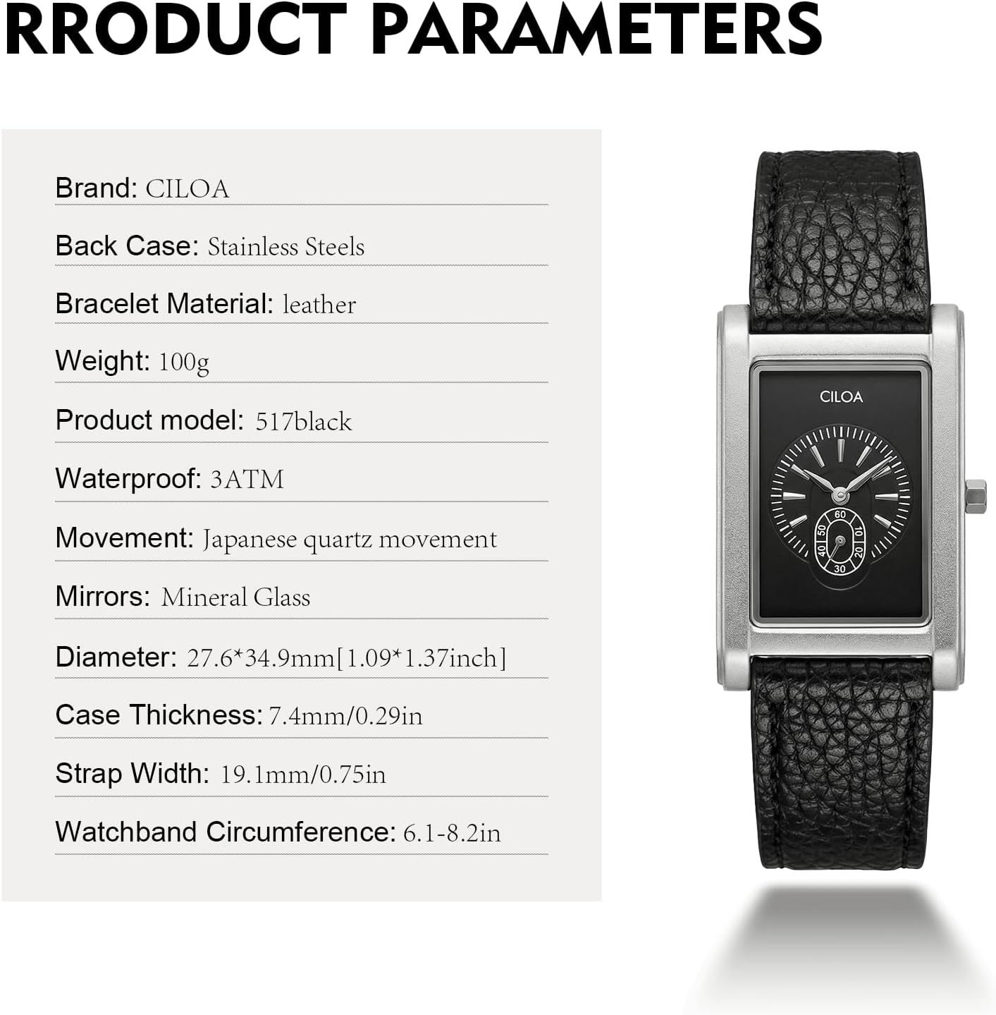 CILOA Watches for Men Unique Rectangle Relojes para Hombres Fashion Simple Analog Wrist Watch with Leather Strap