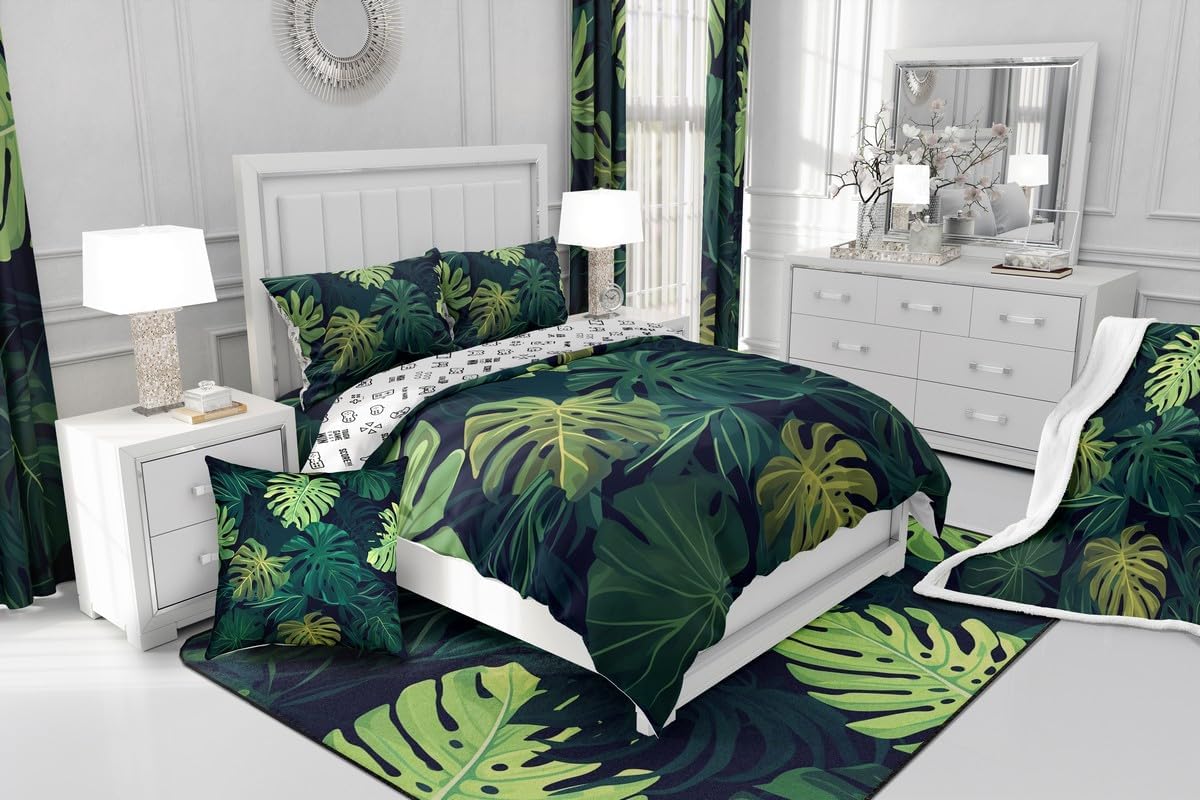 Erosebridal Banana Leaf Bedding Set, Hawaiian Beach Comforter Cover for Kids Teens Tropical Leaves Duvet Cover, Rainforest Natural Quilt Cover Room Decor 3 Pieces with 2 Pillowcases Full Size