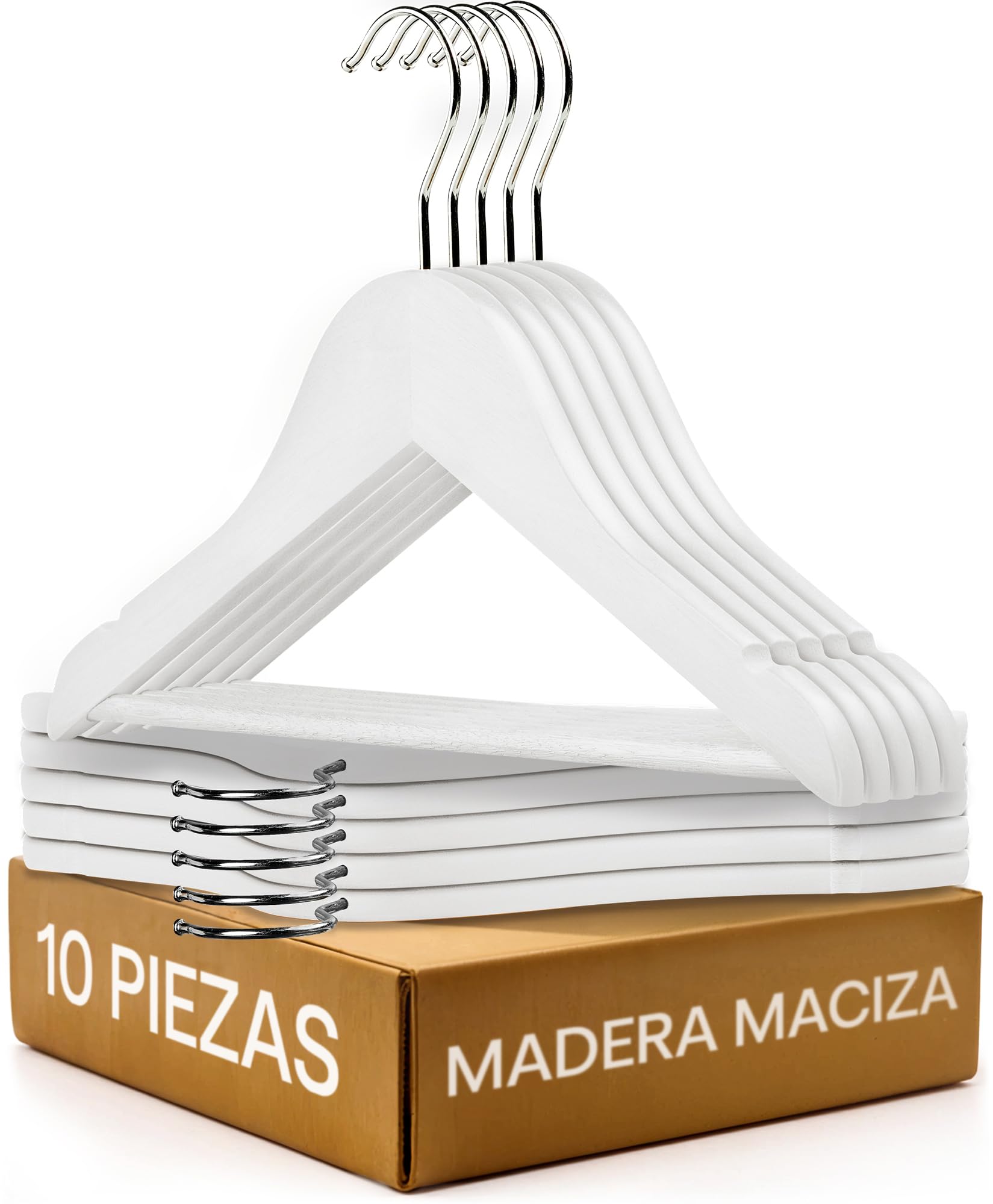 Praknu Perchas infantiles de madera blanca – 10 unidades – giratorio 360° & antideslizante con barra para pantalones – Natural FSC madera de haya maciza