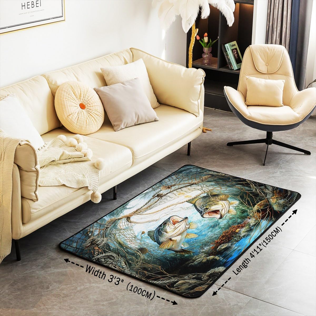 jejeloiu Fishing and Hunting Area Rug 3x5,Bass Fish Fishing Living Room Rugs Farm Rustic Decorative Carpet,Indoor Floor Mat