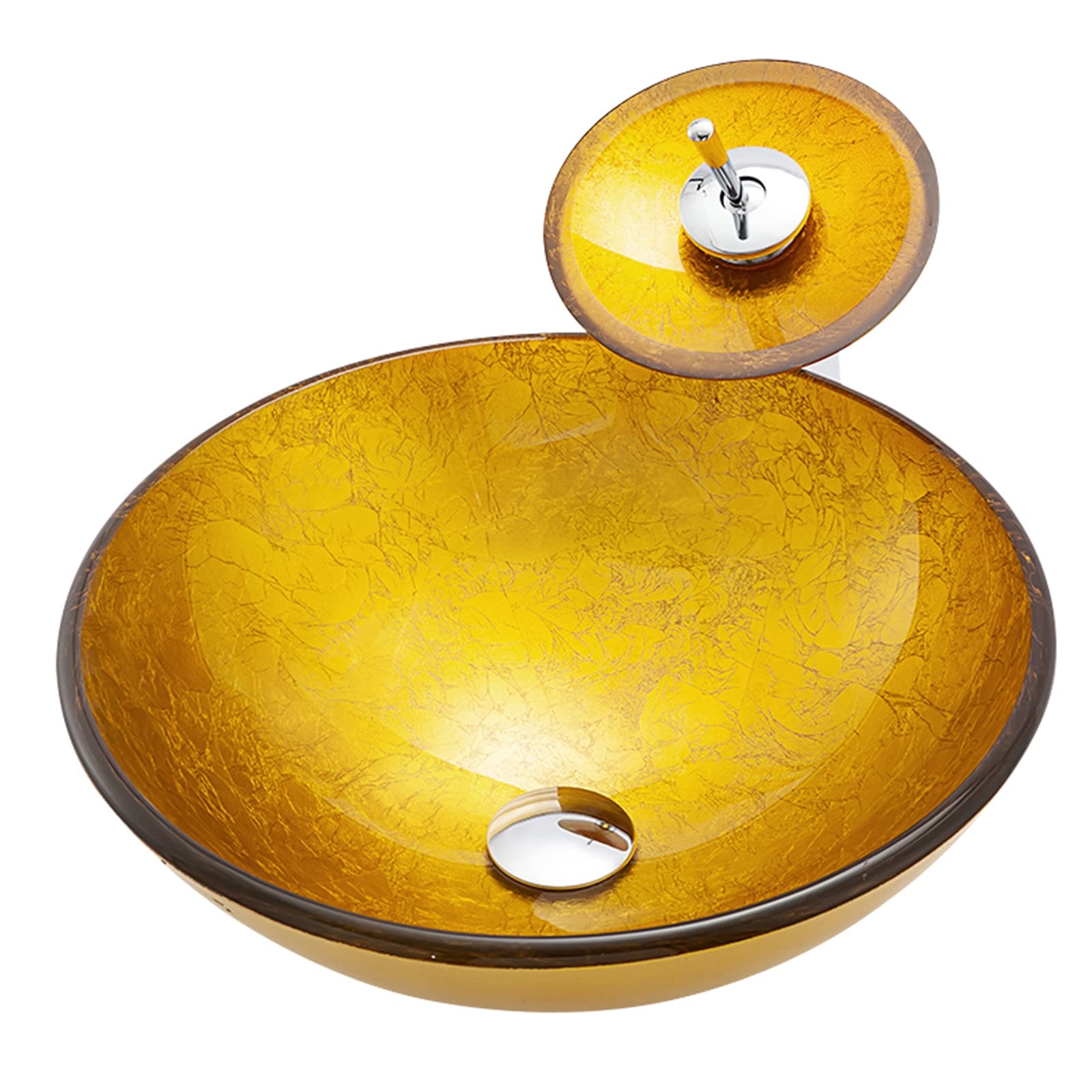 ASerZenith Bathroom Vessel Sink,Tempered Glass Vessel Sink Round Basin Bowl With Waterfall Mixer Faucet, Artistic Countertop Installation Vanity Sinks, Orange