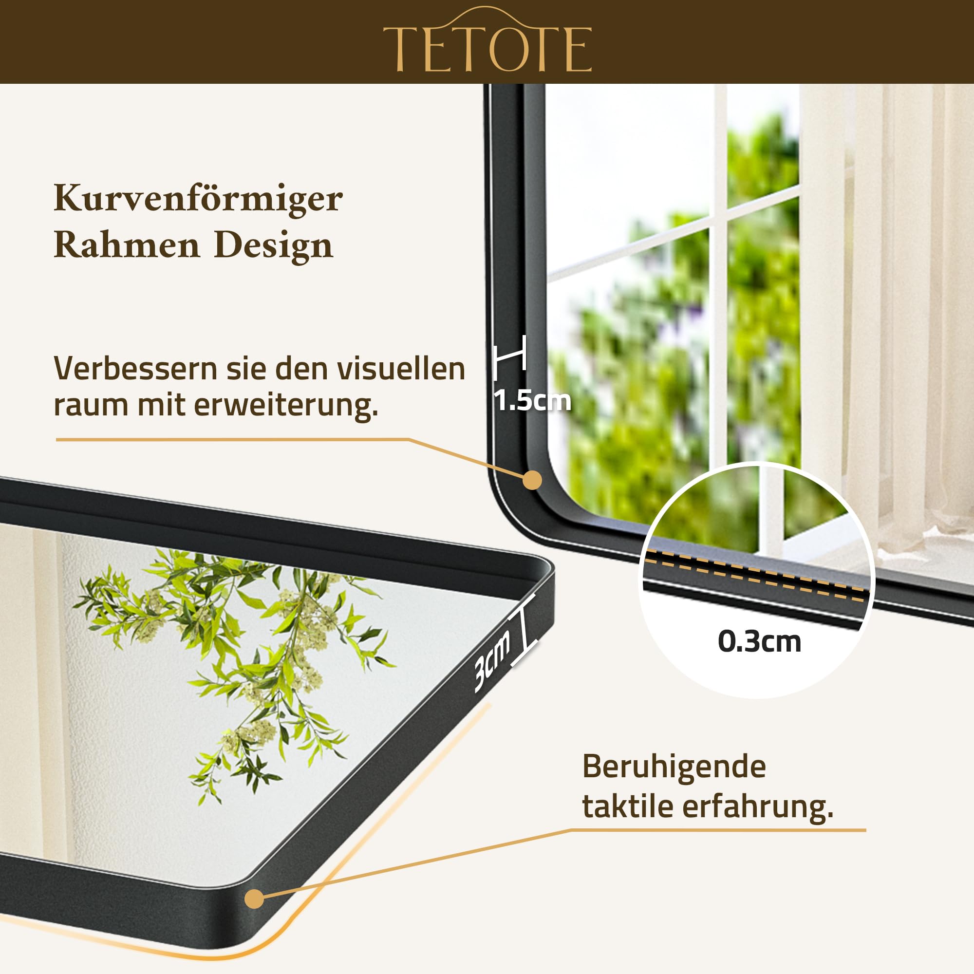 TETOTE 50x75cm Wandspiegel Schwarz Ohne Beleuchtung, Rechteckig Badspiegel mit Runder Ecke, Metallrahmen Badezimmer Spiegel für Waschbecken, Gehärtetes Glas Dekorative Spiegel