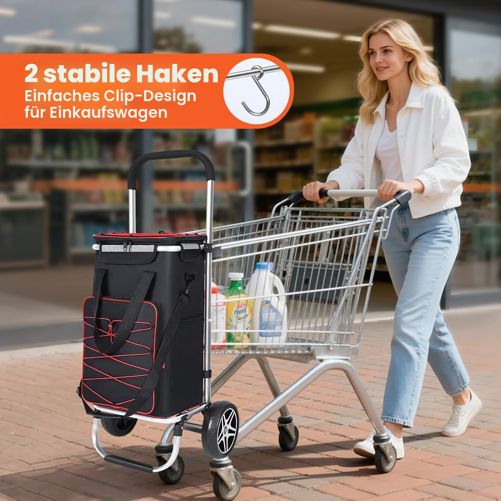YEAUPE PRO 3in1 Einkaufstrolley mit Kühlfach, 50L Einkaufsroller mit Abnehmbarer Tasche, Max. 25kg Belastbarkeit, inkl. Seitentaschen und Flaschenöffner (Rot)