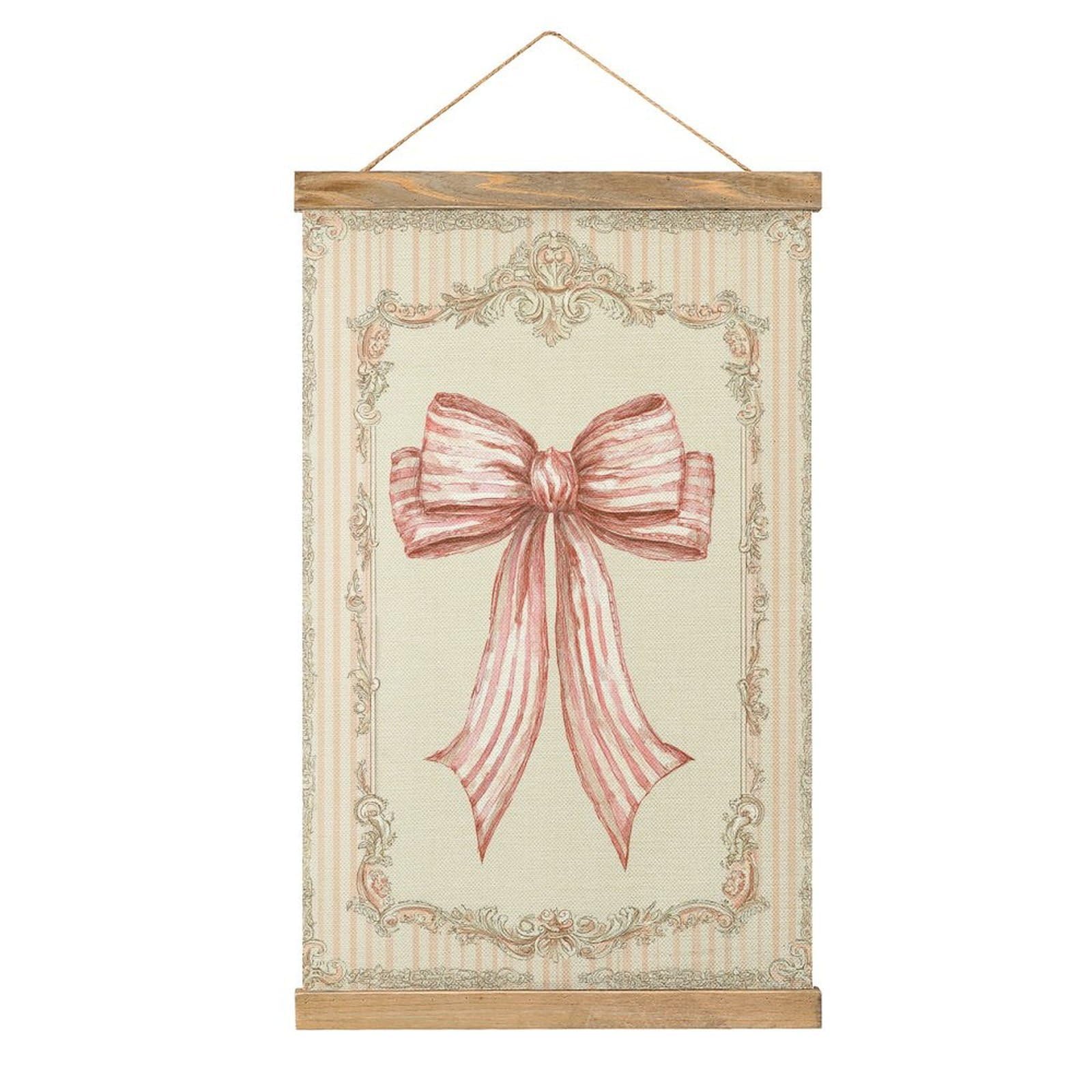 Jubonexis Watercolor Pink Bow on Striped Cream Canvas Painting Wood Frames Poster Hanger Hanging Picture Kit Wall Art