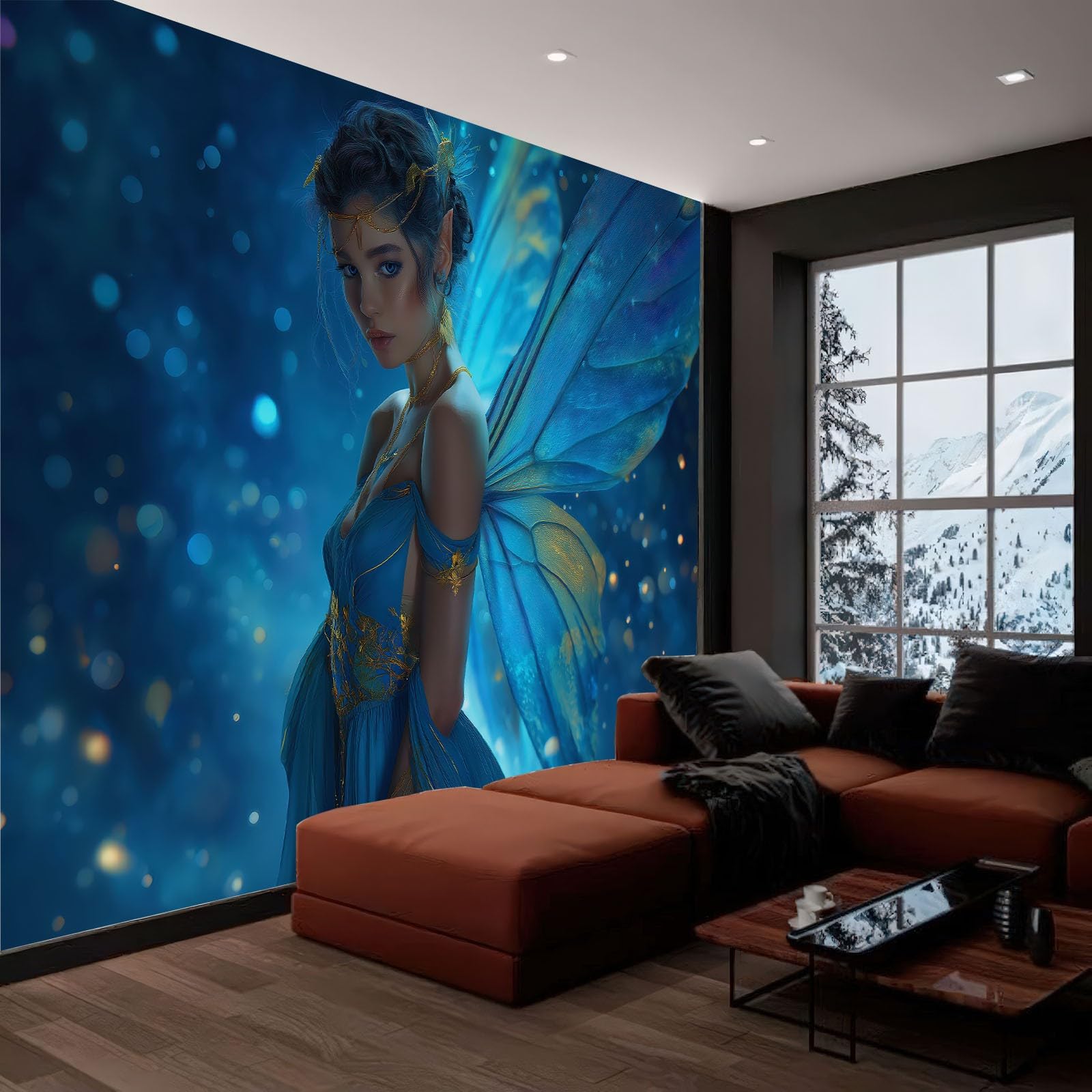Genérico Fototapeta Fantasy Las Elegancka Wróżka 250 x 175 cm Wełna Tapeta XXL Fototapety Włóknina Dekoracja ścienna Salon Sypialnia Biuro Salon Niebieski