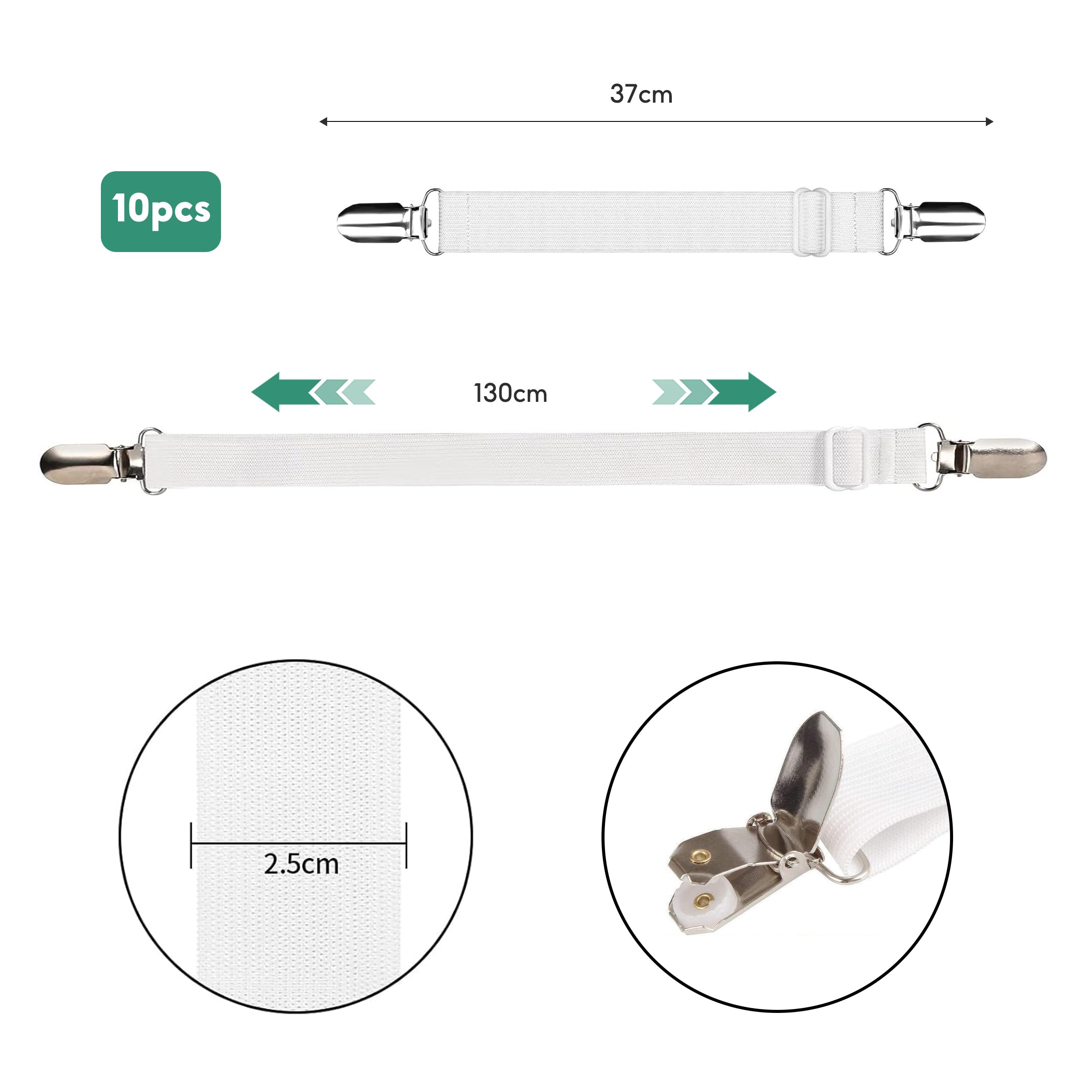 Bed Sheet Clips, 10PCS Adjustable Bed Sheet Straps, Upgraded Elastic Sheet Fasteners, Max Length 130cm White Sheet Suspenders for Bedding, Fitted Bed Sheet Grippers to Keep Your Sheets in Place - Image 2