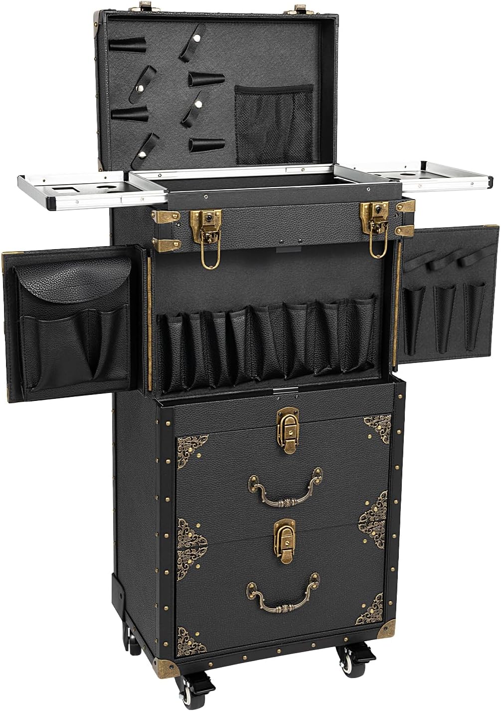 Rolling Makeup Train Case 4 Tier Hairdressing Trolley Retro Stylist Beauty Salon Cosmetic Travel Case Large Barber Case Trolley with Lock and Wheels Barber Station Traveling Cart