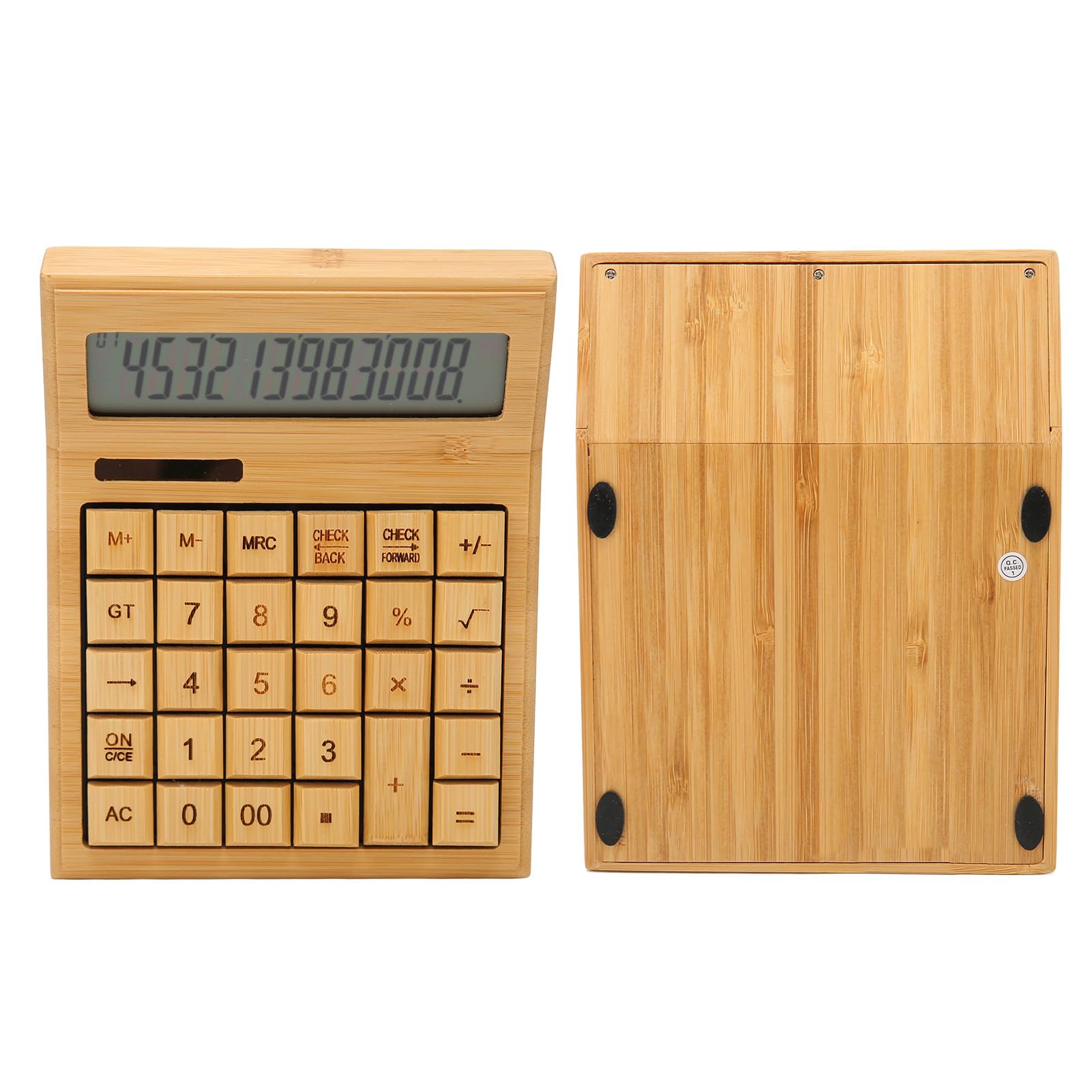 Fockety Calculadora, Calculadora Solar de Madera de Bambú de 12 Dígitos, Calculadora Básica de Sobremesa de Función Estándar con Doble Alimentación Solar y Batería, para Oficina, Escuela