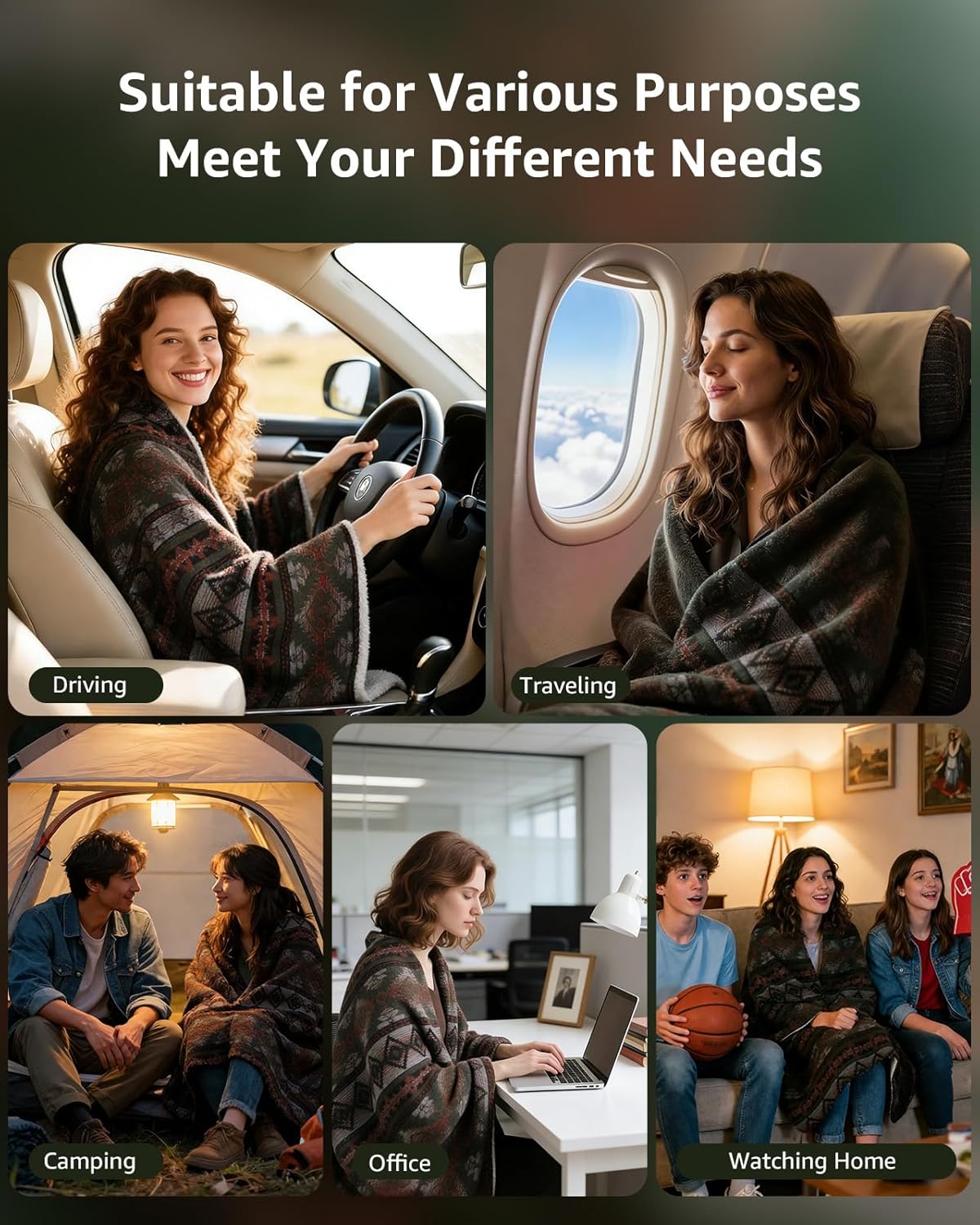 Heated Wearable Blanket, Faux Cashmere Electric Throw with 3 Heating Levels, USB Powered, Southwestern Pattern, 40x65 Inches (Green(Thick)) - Image 4