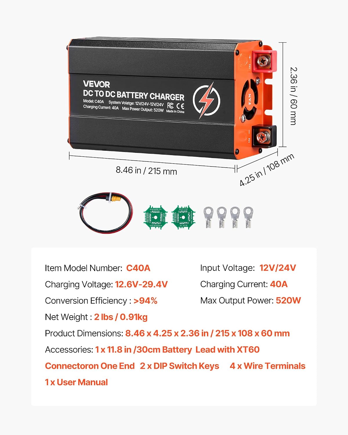 VEVOR DC to DC Battery Charger, 520W, 40A Alternator Charger, Fast DC-DC Charging for Portable Power Stations, Compatible with LiFePO4 Lead-Acid AGM Gel Batteries, 12V/24V-12V/24V, for RV Home Backup