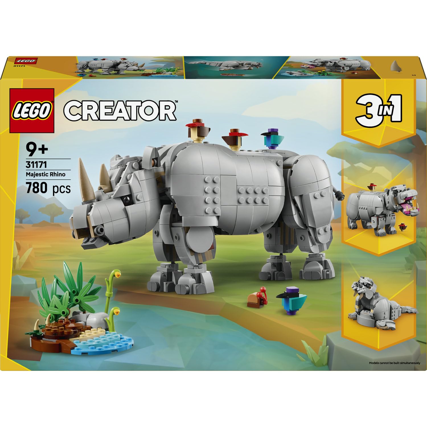 LEGO Creator 3in1 Wilde Tiere: Prächtiges Nashorn mit Vögeln 31171 | Spielzeug ab 9 Jahren für Mädchen und Jungen, Tierfigur umbaubar in Nilpferd oder Walross, Geschenk für Kinder, 780 Teile