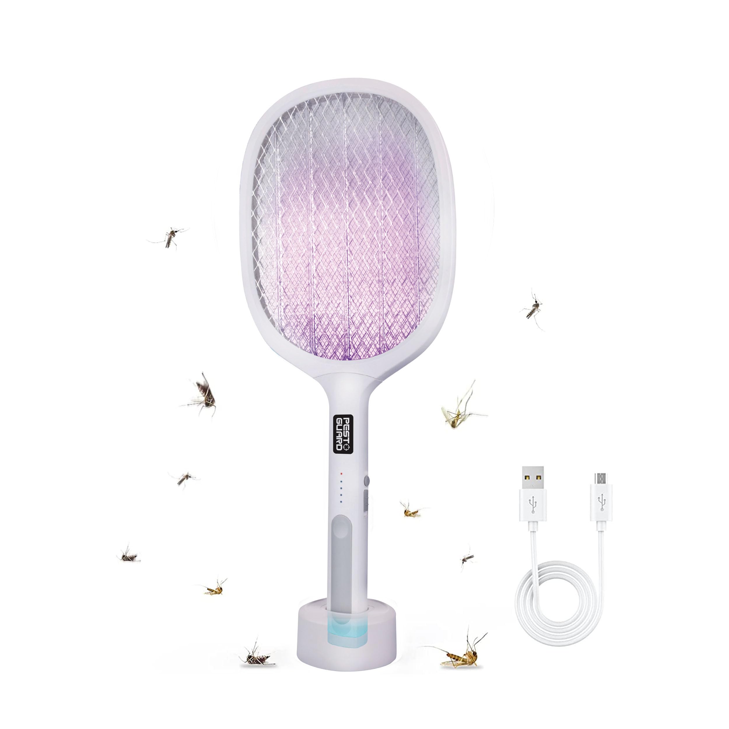PEST GUARD Fly Zapper 2 in 1 USB Rechargeable Bug Zapper Racket Trap With 3 Layer Mesh Design Bright LED Mosquito Wasp Insect Fruit Fly Swatter for Home Indoor Outdoor Camping Pest Control