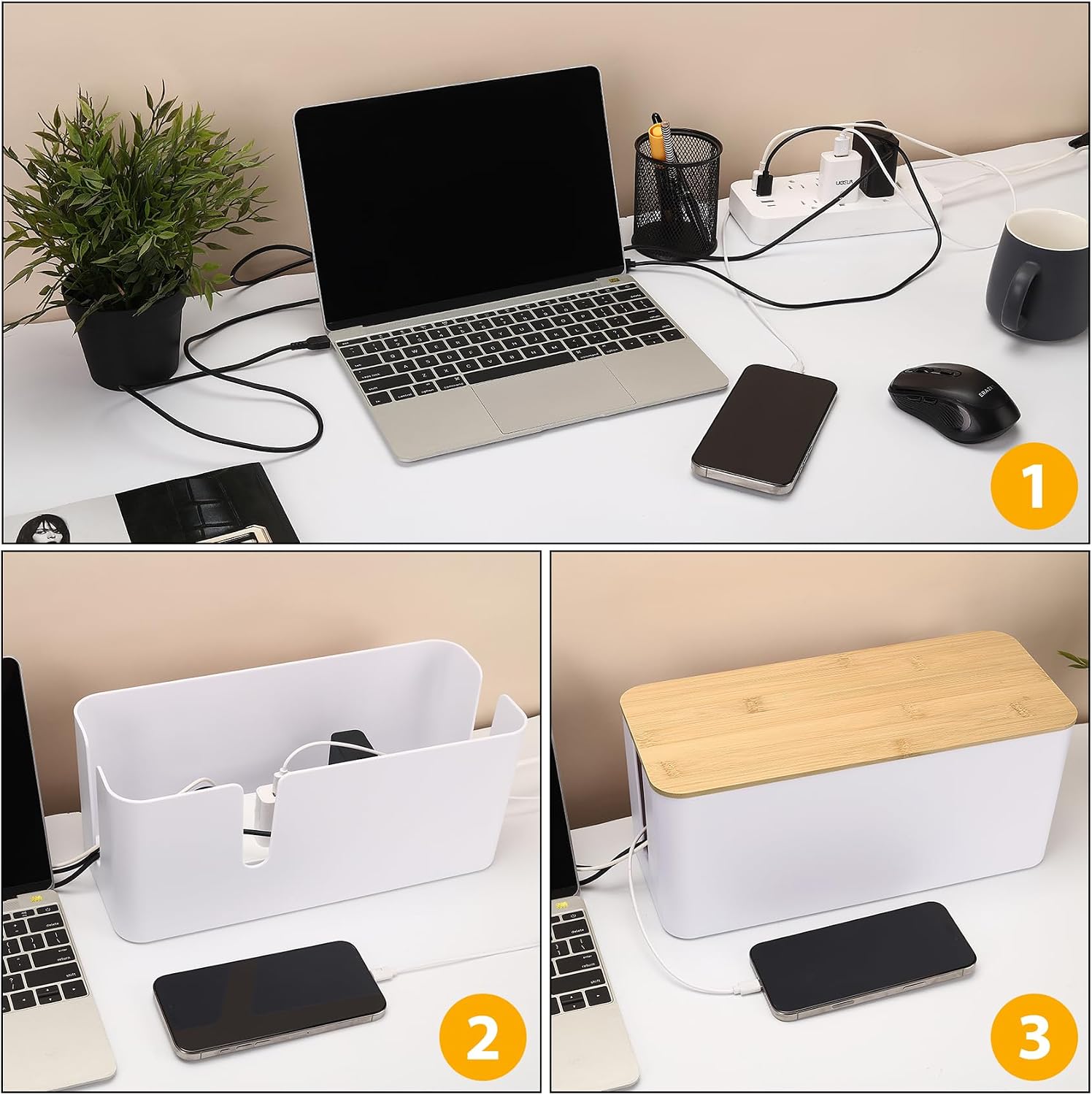 ZhiYo Bamboo Lid Cord Organizer Box, 2Pack Large Cable Management Box, Safe ABS Wire Organizer for TV and Computer, Wood Cover Cord Hider to Hide Wires, USB Hub & Under Desk Power Strip, White