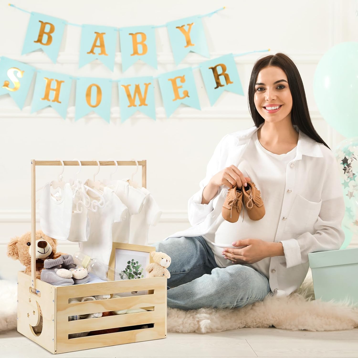 Yerliker Wooden Baby Shower Crate Closet Baby Shower Gifts Basket Storage Crate Hamper with Handle Personalized Basket for Newborn Boys Girls Pregnancy Gifts(Wood Color,Star, Moon)