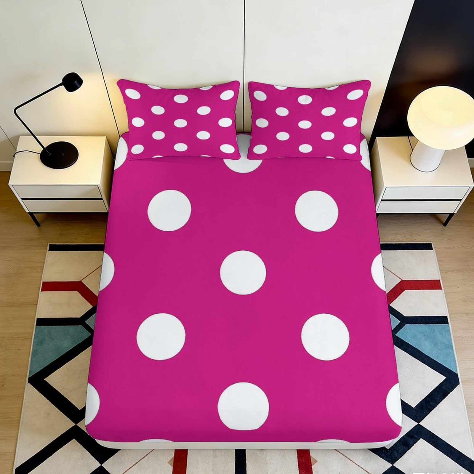 3D Printed Pink Polka Dot Fitted Sheet Microfiber Soft Anti-Slip White Spot Mattress Cover for Bedroom Guestroom Decor 120x200cm 200x200x25cm