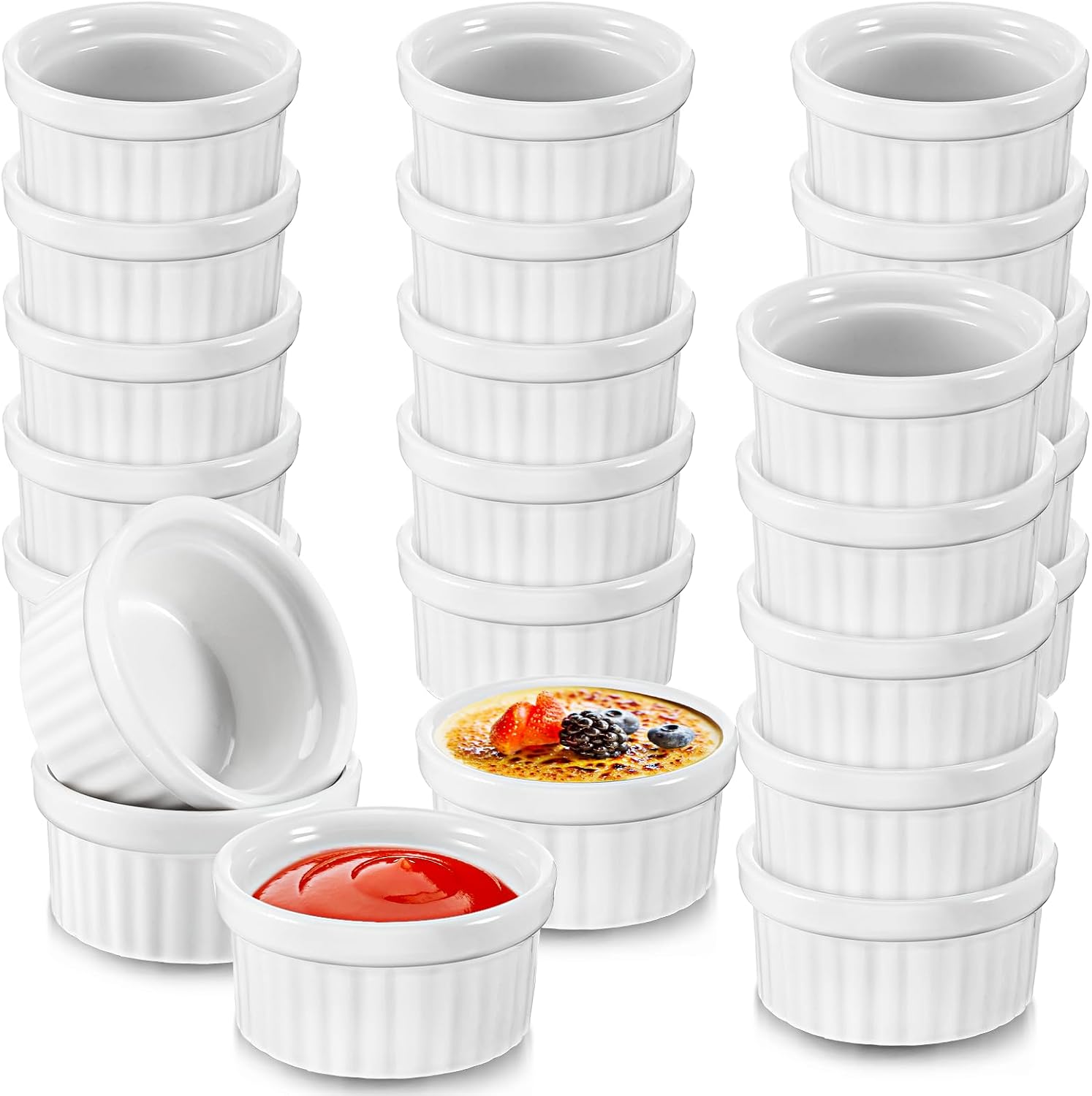 24 Pcs Mini Ramekins 1 oz Small White Ramekin Ceramic Creme Brulee Ramekins Ceramic Porcelain Souffle Dish Custard Cups Small Dipping Bowls Dessert Cups Set