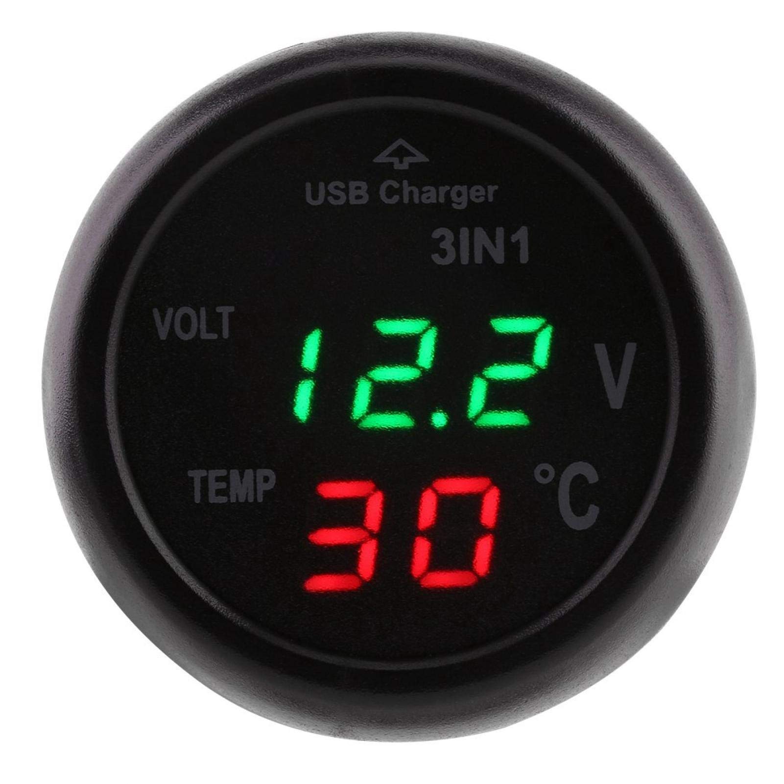 Testeur de moniteur de température de tension numérique KIMISS, camion de voiture 3 en 1 double affichage LED voltmètre thermomètre allume-cigare USB chargeur de voiture pour SUV (Vert + rouge)