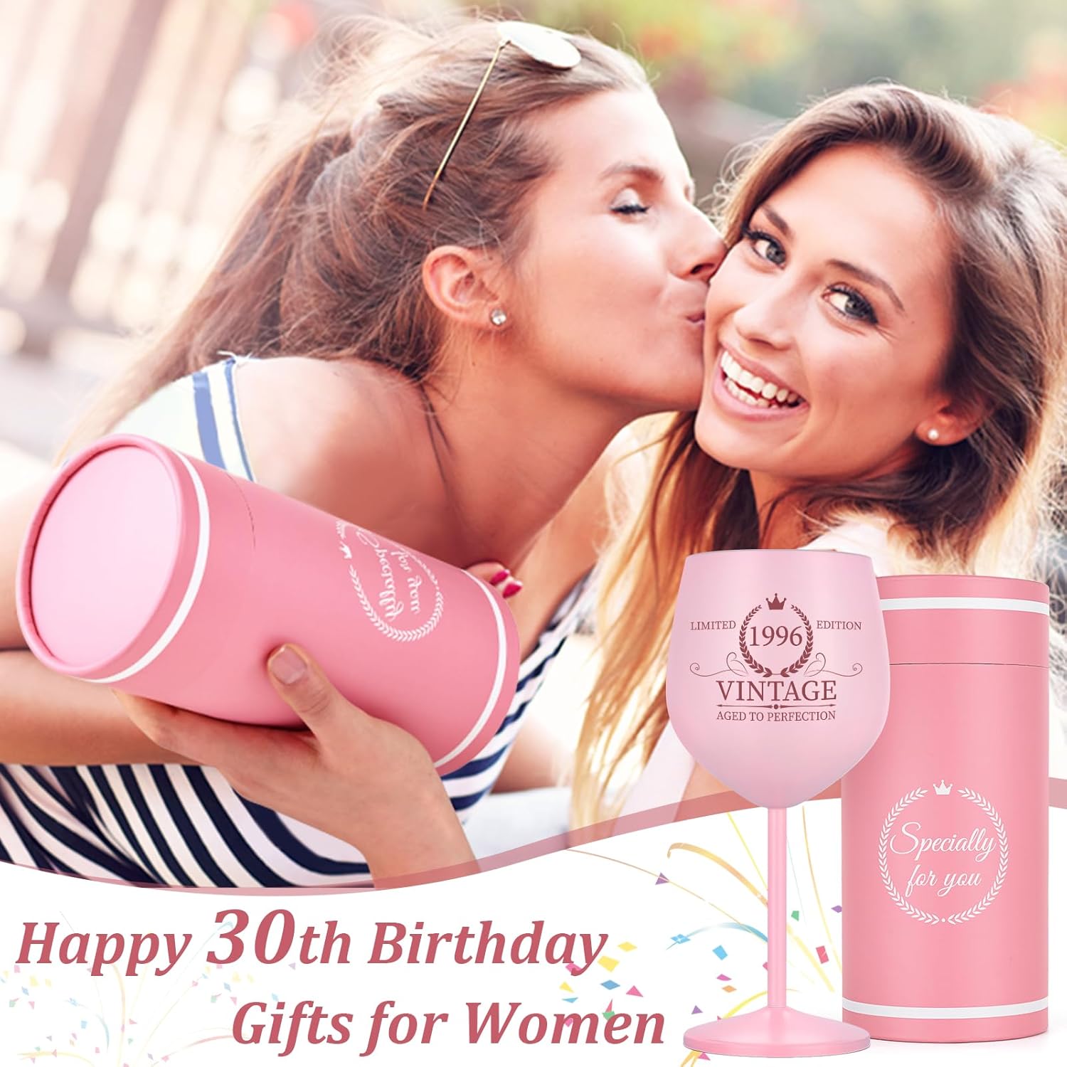 Lifecapido 30th Birthday Gifts for Her, Vintage 1996 Stainless Steel Wine Glass with Wine Bag and Card, 30th Birthday Decorations for Women, 30 Year Old Birthday Gifts for Sister Friends Wife Aunt - Image 2