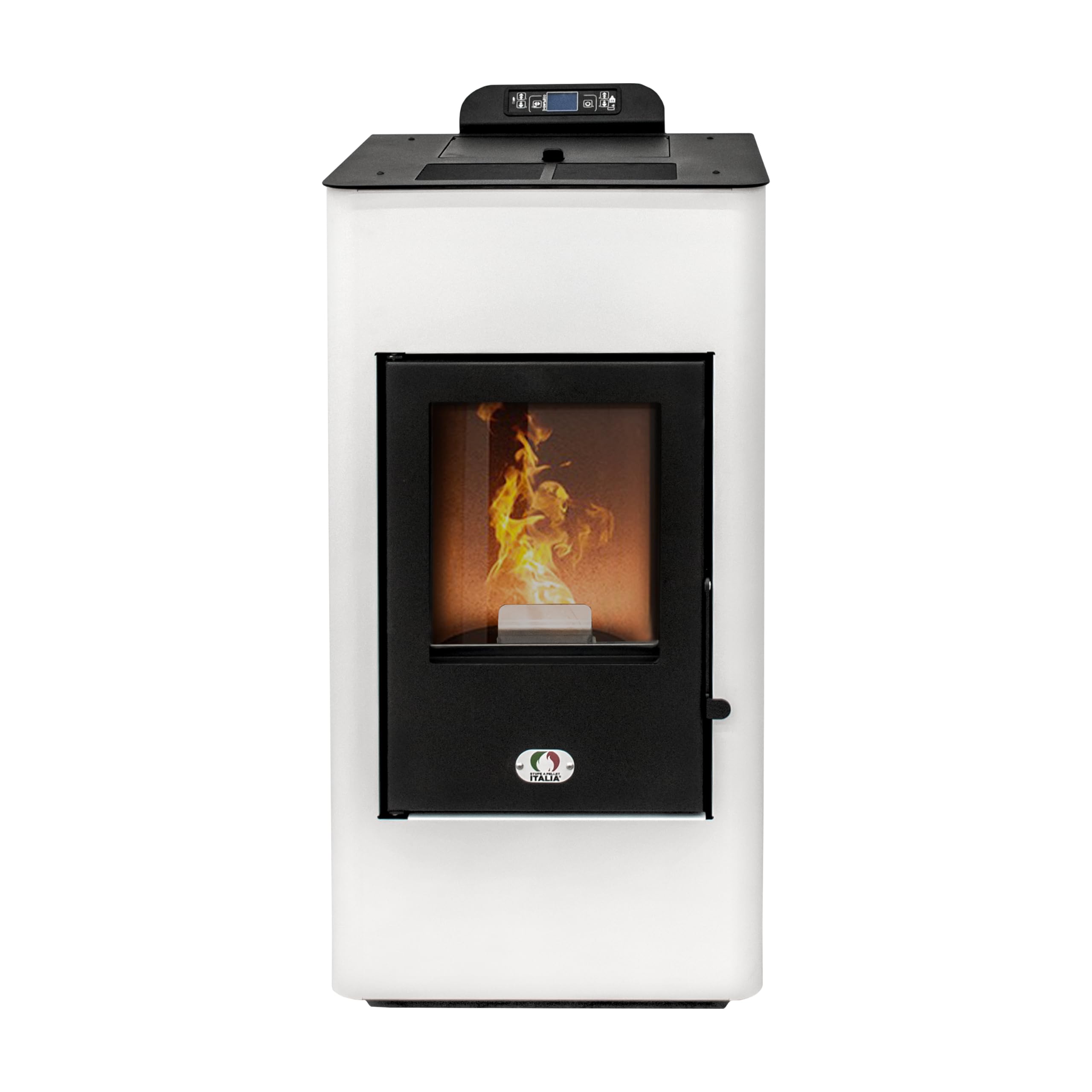 STUFE A PELLET ITALIA Super 12 KW Canalizada 5 estrellas – Estufa de pellets de aire ventilado, eficiencia 91% calentador, 120 m², autonomía de 15 h, programable, 5 velocidades y potencias, garantía