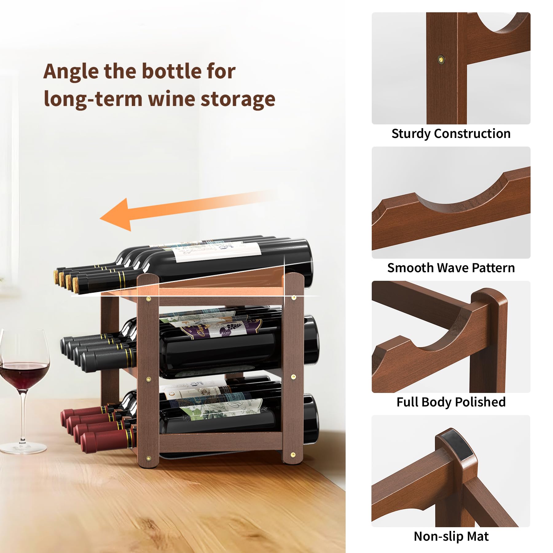 Botelleros para encimera, 3 pisos de 12 botellas de madera, bodega, cocina, enfriador de vino, bar, estante de almacenamiento de vino, 4 soportes para copas de vino (marrón) (CAWR-03)