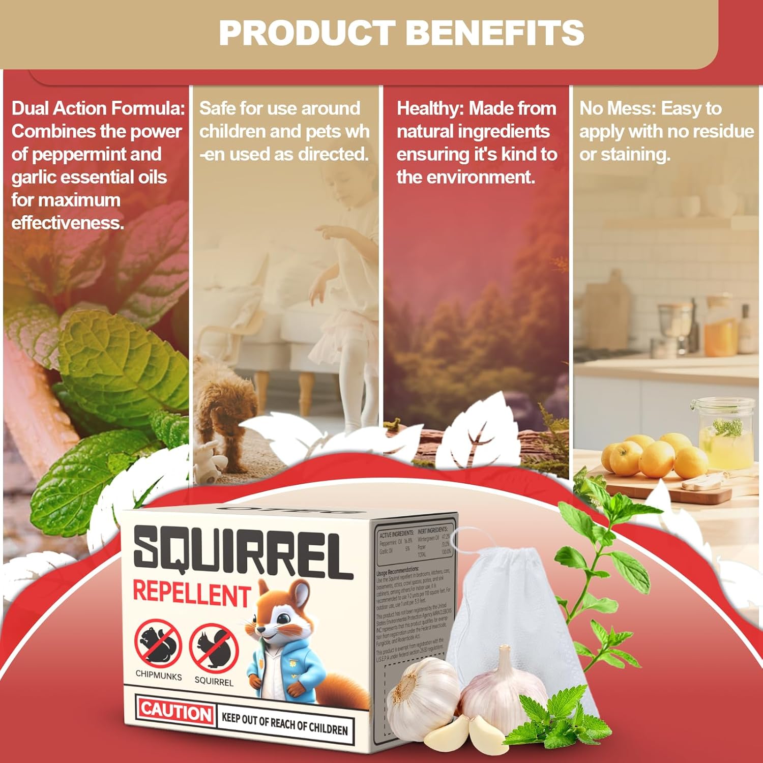 Squirrel Repellent Outdoor, Natural Squirrel Deterrent for Plants, Attic & Bird Feeders, Safe Around Kids & Pets, Helps Keep Squirrels Chipmunk Away from Yard & Garden – 10 Balls