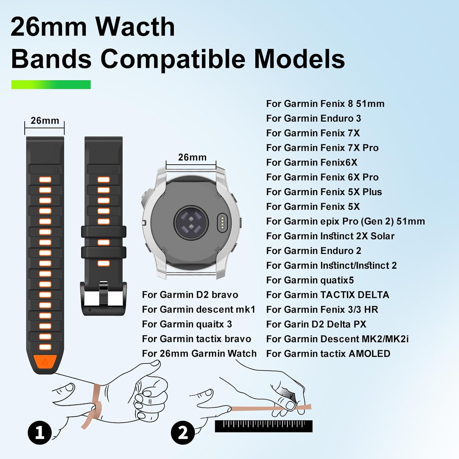 22mm & 26mm Watch Band for Garmin Fenix 8 47mm/51mm, Fenix 7/6/5, Fenix 7X/6X/5X, Epix Pro Gen 2 47mm/51mm, Forerunner 965/955/945, Quick Fit Soft Silicone Strap for Instinct 2X, Tactix Delta/Enduro - Image 3