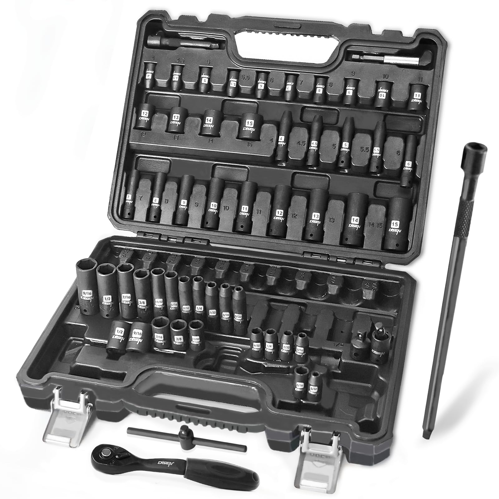 57-Piece 1/4'' Drive Socket Set,SAE(5/32''-9/16'')&Metric(4mm-15mm),Deep & Shallow,With 72-Tooth Ratchet Wrench, Extension Bars, Universal Joint & Power Drill Adapter