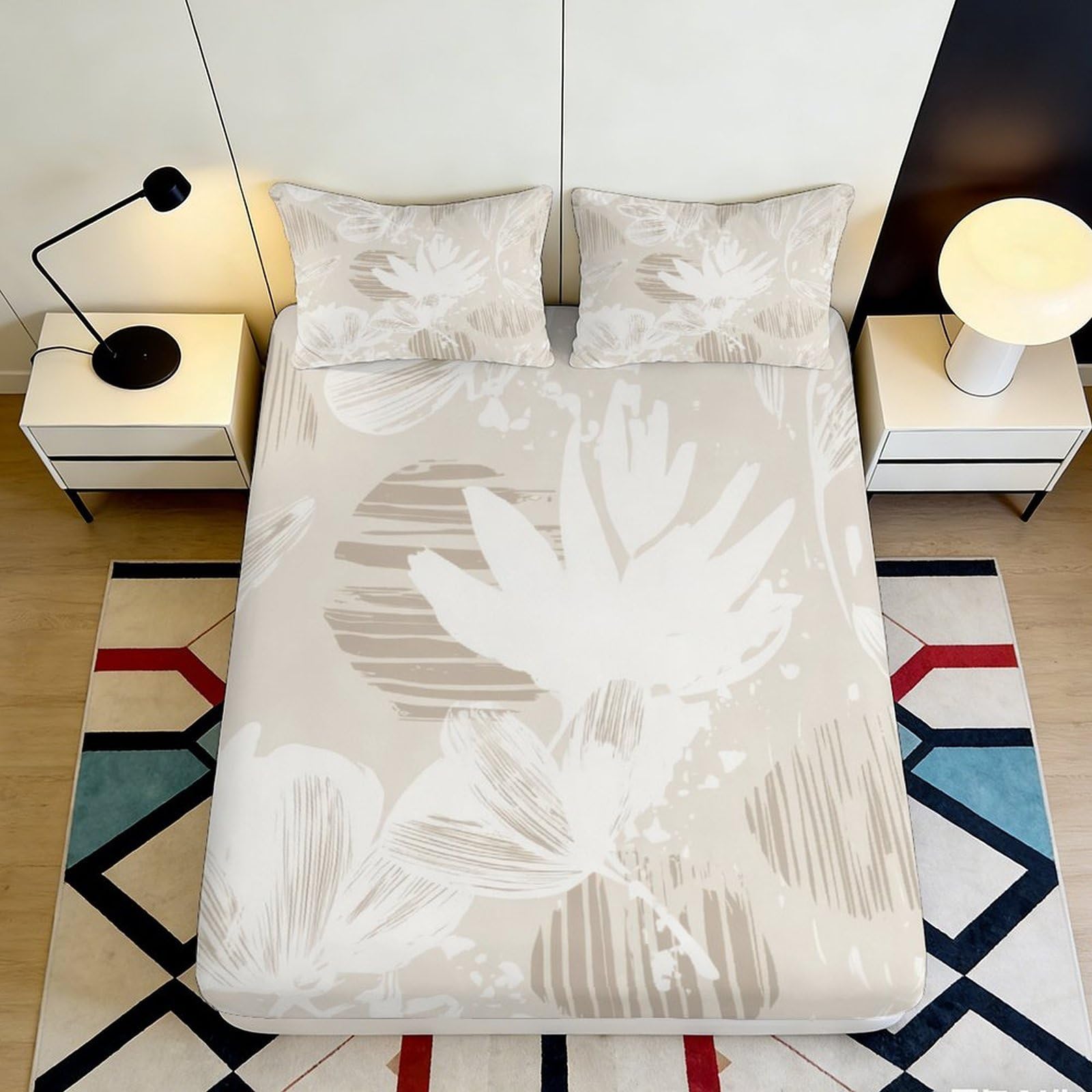 3D Printed Beige Leaf Fitted Sheet Microfiber Soft Botanical Bed Sheet for Bedroom Guest Room Mattress Cover 90x200x25cm