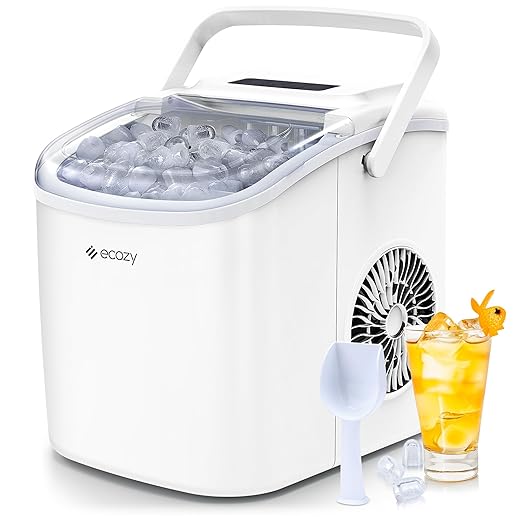 ecozy Portable Countertop Ice Maker - 9 Ice Cubes in 6 Minutes, 26 lbs Daily Output, Self-Cleaning with Ice Bags, Scoop, and Basket for Kitchen, Office, Bar, Party - White